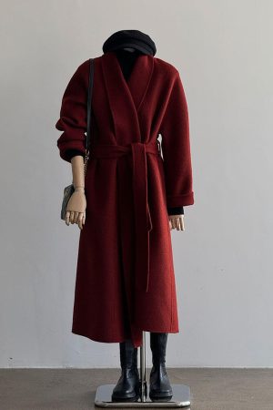 Red Reversible Cashmere Coat for Women - Autumn Winter 2024 Petite High-End Woolen Bathrobe Style Outerwear