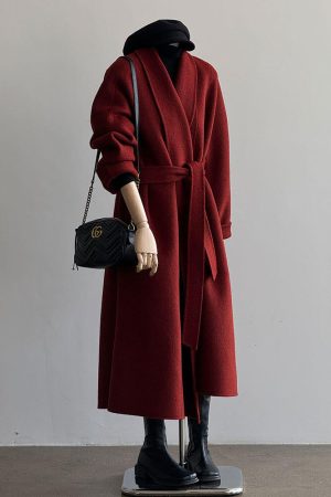 Red Reversible Cashmere Coat for Women - Autumn Winter 2024 Petite High-End Woolen Bathrobe Style Outerwear