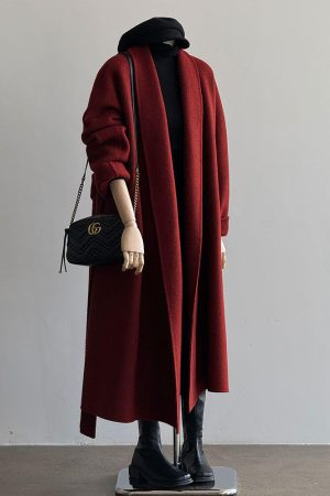 Red Reversible Cashmere Coat for Women - Autumn Winter 2024 Petite High-End Woolen Bathrobe Style Outerwear