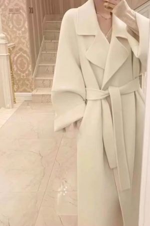 Red Reversible Cashmere Coat for Women - Autumn Winter 2024 Petite High-End Woolen Bathrobe Style Outerwear