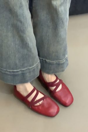 Red Sheepskin Mary Jane Flat Shoes for Women - French Cross Strap Shallow Mouth Evening Ballet Style