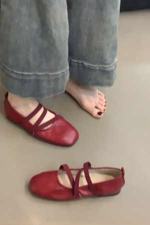 Red Sheepskin Mary Jane Flat Shoes for Women - French Cross Strap Shallow Mouth Evening Ballet Style