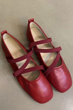 Red Sheepskin Mary Jane Flat Shoes for Women - French Cross Strap Shallow Mouth Evening Ballet Style
