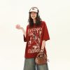Red Short-Sleeve T-Shirt for Women with Retro Letter Print, Loose Fit College Style, Casual 90s Inspired Top