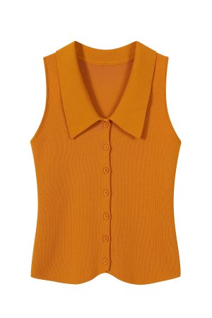 Red Sleeveless Polo Collar Knitted Vest Top for Women - Summer 2025 Fashion, Trendy Casual Style