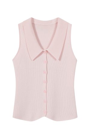 Red Sleeveless Polo Collar Knitted Vest Top for Women - Summer 2025 Fashion, Trendy Casual Style