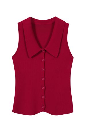 Red Sleeveless Polo Collar Knitted Vest Top for Women - Summer 2025 Fashion, Trendy Casual Style