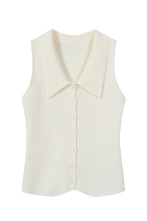 Red Sleeveless Polo Collar Knitted Vest Top for Women - Summer 2025 Fashion, Trendy Casual Style