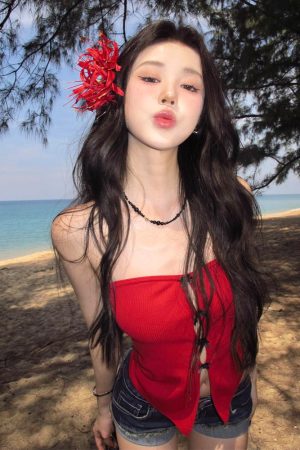 Red Strapless Top for Women - French Style Bow Hollow Design, Slim Fit, Trendy Spring Fashion