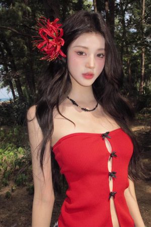 Red Strapless Top for Women - French Style Bow Hollow Design, Slim Fit, Trendy Spring Fashion