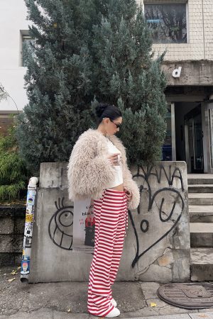 Red Striped Pants - Christmas Series, Festive Holiday Style, Cozy Winter Fashion, Trendy 90s Inspired Look