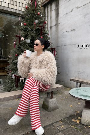 Red Striped Pants - Christmas Series, Festive Holiday Style, Cozy Winter Fashion, Trendy 90s Inspired Look