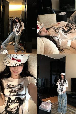 Relaxed Cat Sauce White Oversized Short Sleeve T-Shirt for Women - Casual and Comfy Graphic Tee