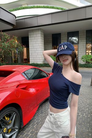 Relaxed Style Asymmetrical Shoulder Strap Short Sleeve T-Shirt for Women - Summer Slim Fit Top with Chest Pad