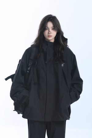 Retro American High-Neck Windbreaker Jacket for Women - Loose Waterproof Windproof Outdoor Black Jacket
