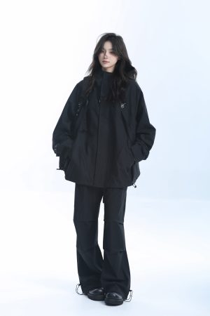 Retro American High-Neck Windbreaker Jacket for Women - Loose Waterproof Windproof Outdoor Black Jacket