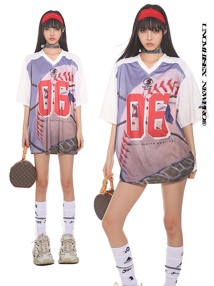 Retro American Sports Loose Jersey Football T-Shirt - Short Sleeve Spliced Mesh Top for Summer Street Style Retro American Sports Loose Jersey Football T-Shirt - Short Sleeve Spliced Mesh Top for Summer Street Style