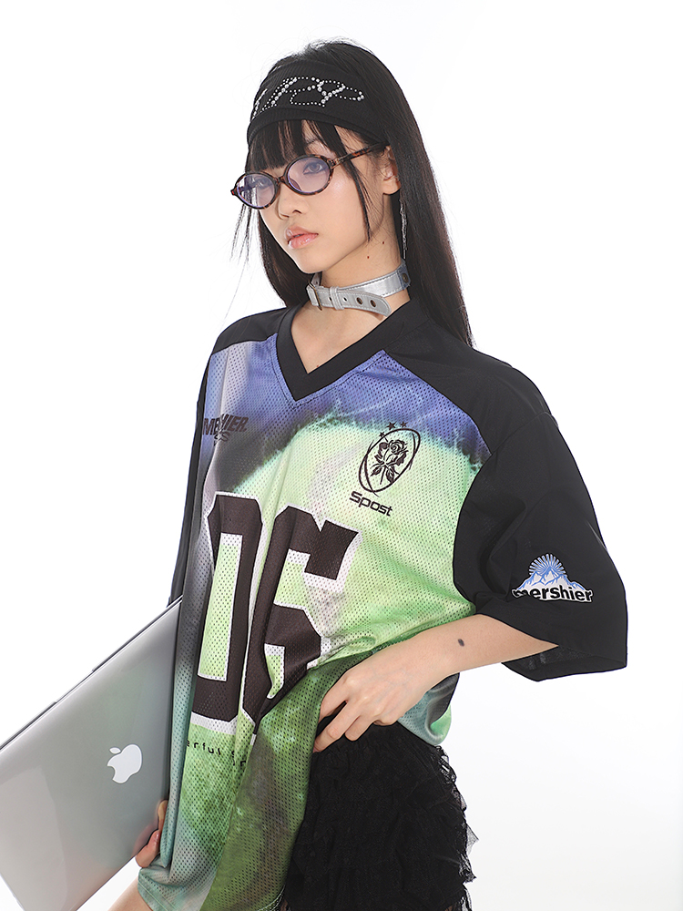 Retro American Sports Loose Jersey Football T-Shirt - Short Sleeve Spliced Mesh Top for Summer Street Style Retro American Sports Loose Jersey Football T-Shirt - Short Sleeve Spliced Mesh Top for Summer Street Style