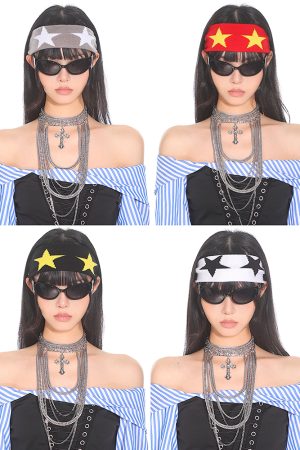 Retro American Style Color Block Fitness Headband for Men and Women - Five-Pointed Star Design, Y2K Sports Accessories