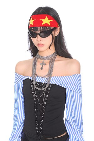 Retro American Style Color Block Fitness Headband for Men and Women - Five-Pointed Star Design, Y2K Sports Accessories