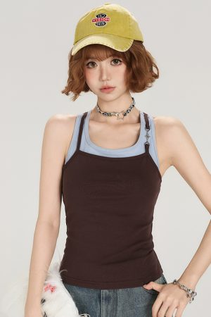 Retro American Style Fake Two-Piece Camisole for Women - Summer Spicy Girl Outerwear Top