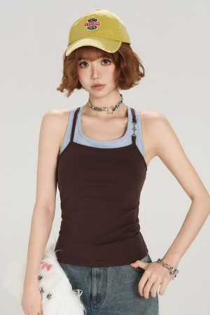 Retro American Style Fake Two-Piece Camisole for Women - Summer Spicy Girl Outerwear Top