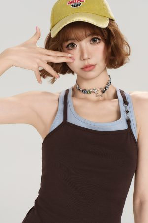 Retro American Style Fake Two-Piece Camisole for Women - Summer Spicy Girl Outerwear Top