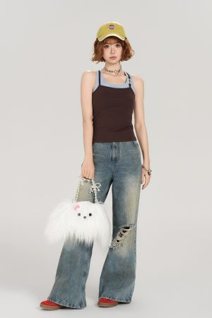 Retro American Style Fake Two-Piece Camisole for Women - Summer Spicy Girl Outerwear Top