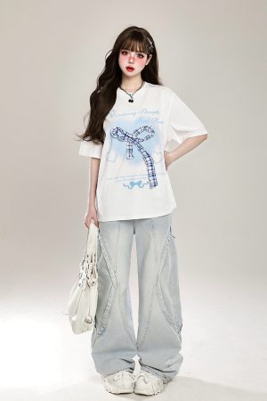 Retro American Vibe Wide-Leg Jeans for Women - Light-Colored Casual Draped Floor-Length Pants for Spring Fashion
