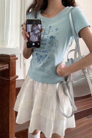 Retro Angel Print Slim Fit Short Sleeve T-Shirt for Women - Summer 2025 Style, Casual, Y2K, Trendy Top