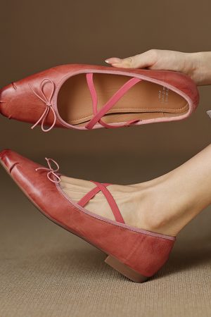 Retro Artistic Deer & Nara Handmade Genuine Leather Cross Strap Slimming Flat Ballet Shoes for Women - Y2K Fashion Style