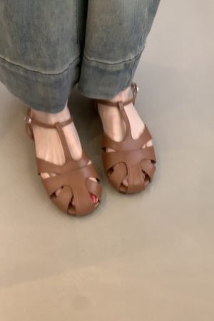 Retro Artistic Hollow-Out Buckle Sandals for Women - Sheepskin Woven Flat Roman Shoes, Casual Pig Cage Style