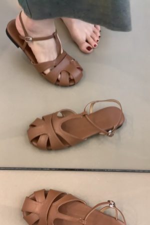 Retro Artistic Hollow-Out Buckle Sandals for Women - Sheepskin Woven Flat Roman Shoes, Casual Pig Cage Style