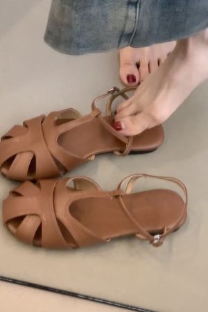 Retro Artistic Hollow-Out Buckle Sandals for Women - Sheepskin Woven Flat Roman Shoes, Casual Pig Cage Style