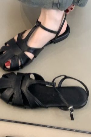 Retro Artistic Hollow-Out Buckle Sandals for Women - Sheepskin Woven Flat Roman Shoes, Casual Pig Cage Style