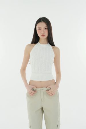 Retro Backless Twisted Knit Cropped Halter Top - Y2K Style, Perfect for Summer Outings and Festivals
