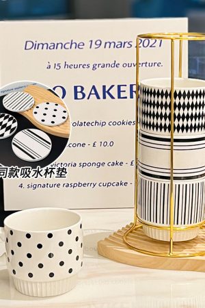 Retro Black and White Ceramic Hepburn Stacking Mug Set with Holder - Vintage Home Drinkware, Perfect for Kitchen Decor