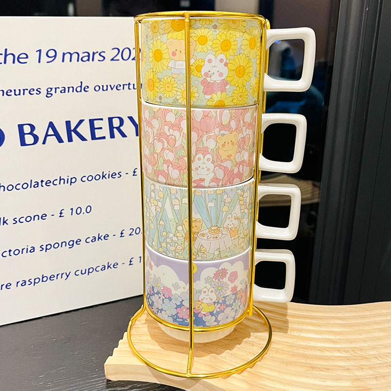 Retro Black and White Ceramic Hepburn Stacking Mug Set with Holder - Vintage Home Drinkware, Perfect for Kitchen Decor Retro Black and White Ceramic Hepburn Stacking Mug Set with Holder - Vintage Home Drinkware, Perfect for Kitchen Decor