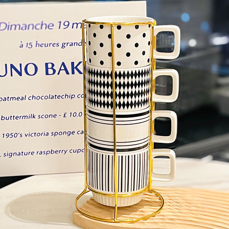 Retro Black and White Ceramic Hepburn Stacking Mug Set with Holder - Vintage Home Drinkware, Perfect for Kitchen Decor Retro Black and White Ceramic Hepburn Stacking Mug Set with Holder - Vintage Home Drinkware, Perfect for Kitchen Decor