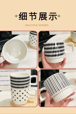 Retro Black and White Ceramic Hepburn Stacking Mug Set with Holder - Vintage Home Drinkware, Perfect for Kitchen Decor