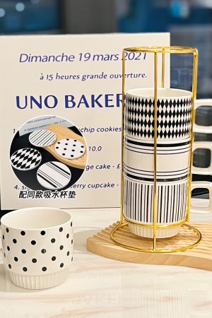 Retro Black and White Ceramic Hepburn Stacking Mug Set with Holder - Vintage Home Drinkware, Perfect for Kitchen Decor