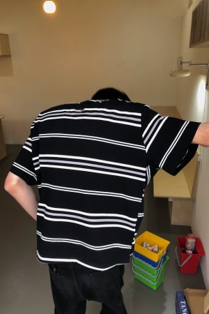 Retro Black and White Striped Short Sleeve Cotton T-Shirt for Men and Women - Oversized College Style Summer Top