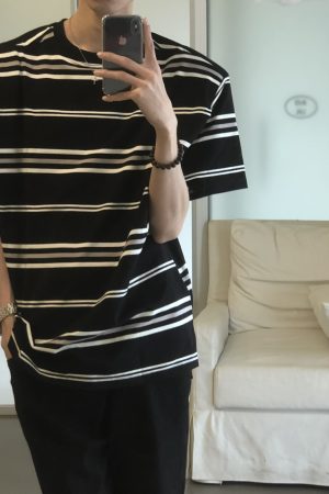 Retro Black and White Striped Short Sleeve Cotton T-Shirt for Men and Women - Oversized College Style Summer Top