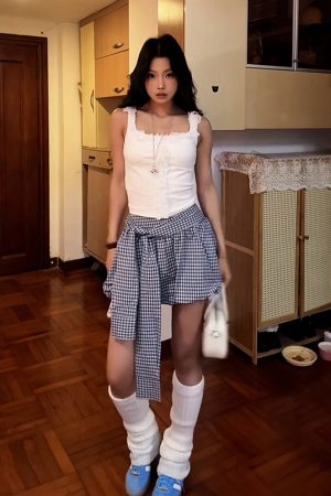 Retro Blue Checkered Floral Bud A-Line Skirt for Women - High-Waisted Hot Short Summer Fashion