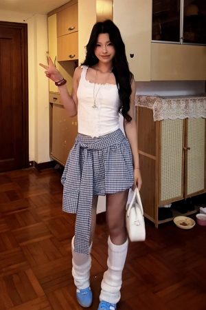 Retro Blue Checkered Floral Bud A-Line Skirt for Women - High-Waisted Hot Short Summer Fashion