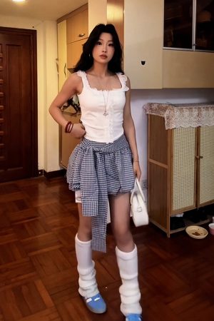 Retro Blue Checkered Floral Bud A-Line Skirt for Women - High-Waisted Hot Short Summer Fashion