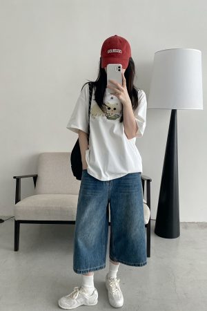 Retro Blue Denim Capris for Women - Summer Wide-Leg Cropped Pants, Straight 7-Point Mid-Length Shorts, Y2K American Style