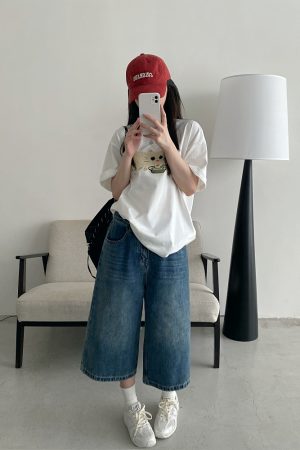 Retro Blue Denim Capris for Women - Summer Wide-Leg Cropped Pants, Straight 7-Point Mid-Length Shorts, Y2K American Style