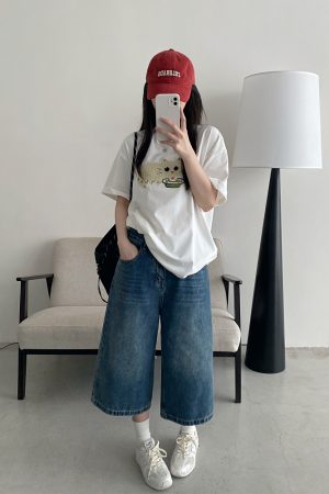 Retro Blue Denim Capris for Women - Summer Wide-Leg Cropped Pants, Straight 7-Point Mid-Length Shorts, Y2K American Style
