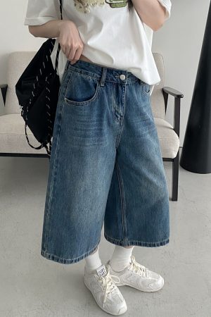 Retro Blue Denim Capris for Women - Summer Wide-Leg Cropped Pants, Straight 7-Point Mid-Length Shorts, Y2K American Style